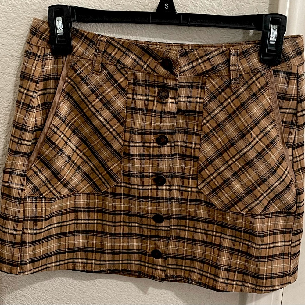 SKY AND SPARROW Yellow Button Front Plaid Skirt Medium
